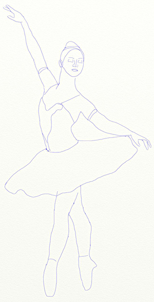 توضع تصفيفة شعر راقصة الباليه دائمًا على شكل شعاع ملساء ، لذلك ارسم فقط مخططًا رفيعًا للشعر على الرأس